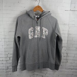 GAP GREY FULL ZIP HOODIE SWEATSHIRT WITH  CAMO APPLIQUE GAP LOGO SIZE MEDIUM